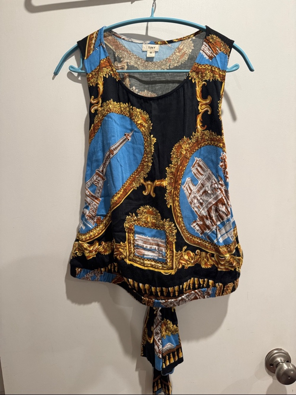 Anthropologie Black, Blue & Gold Scenic Tie-Back Tank